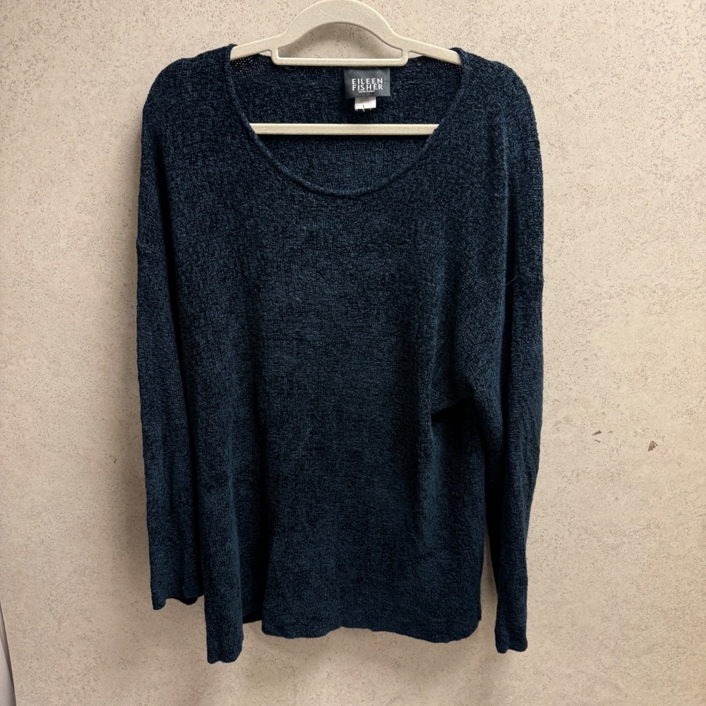 EILEEN FISHER Large Womens Textured Knit Pullover‎ Heavy Dark Navy Blue Sweater